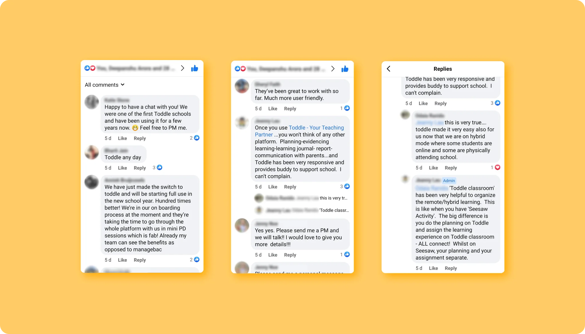 Social media comments by educators show their appreciation for Toddle