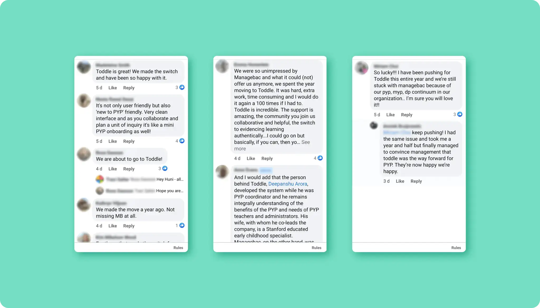 Social media comments and reviews left by delighted Toddle users