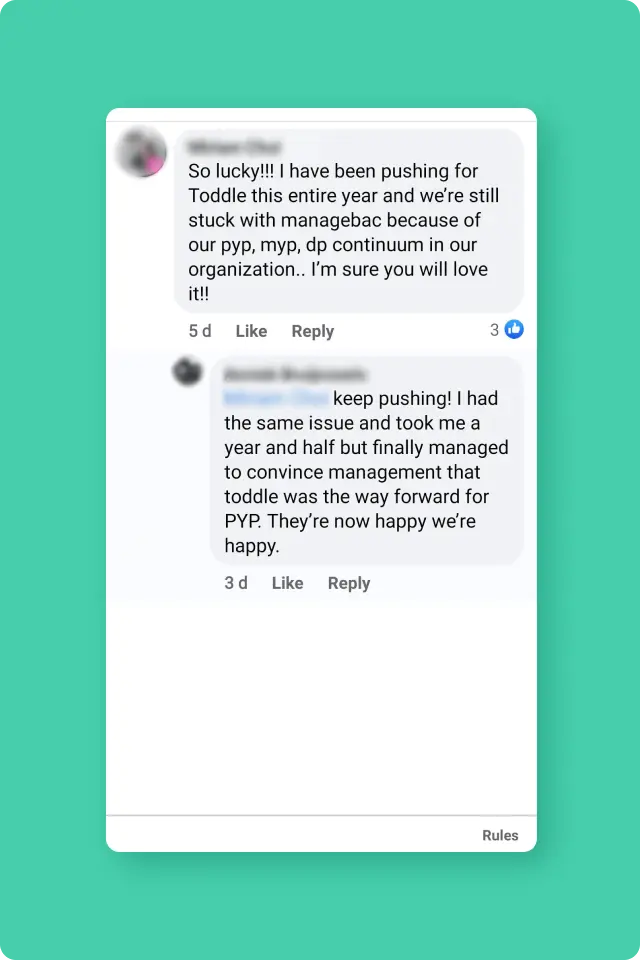 Social media comments by educators in support of Toddle