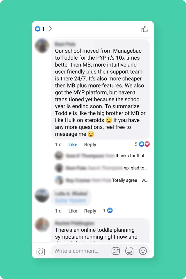 Social media user vouches for Toddle over Managebac