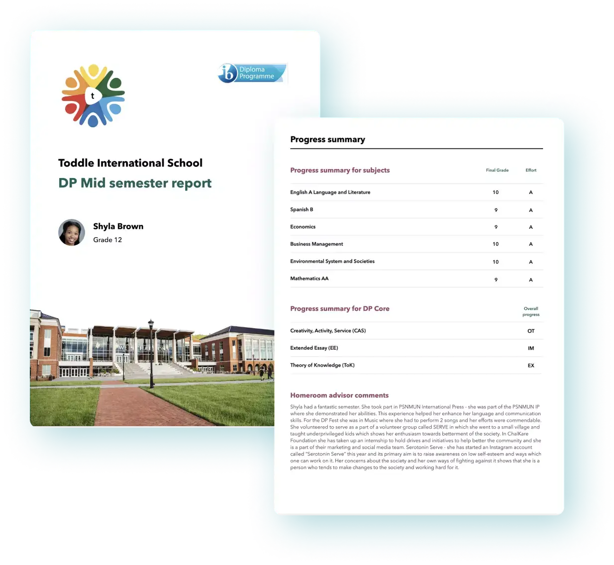 Toddle progress report features sample Progress Summary for each subject and teacher comments 