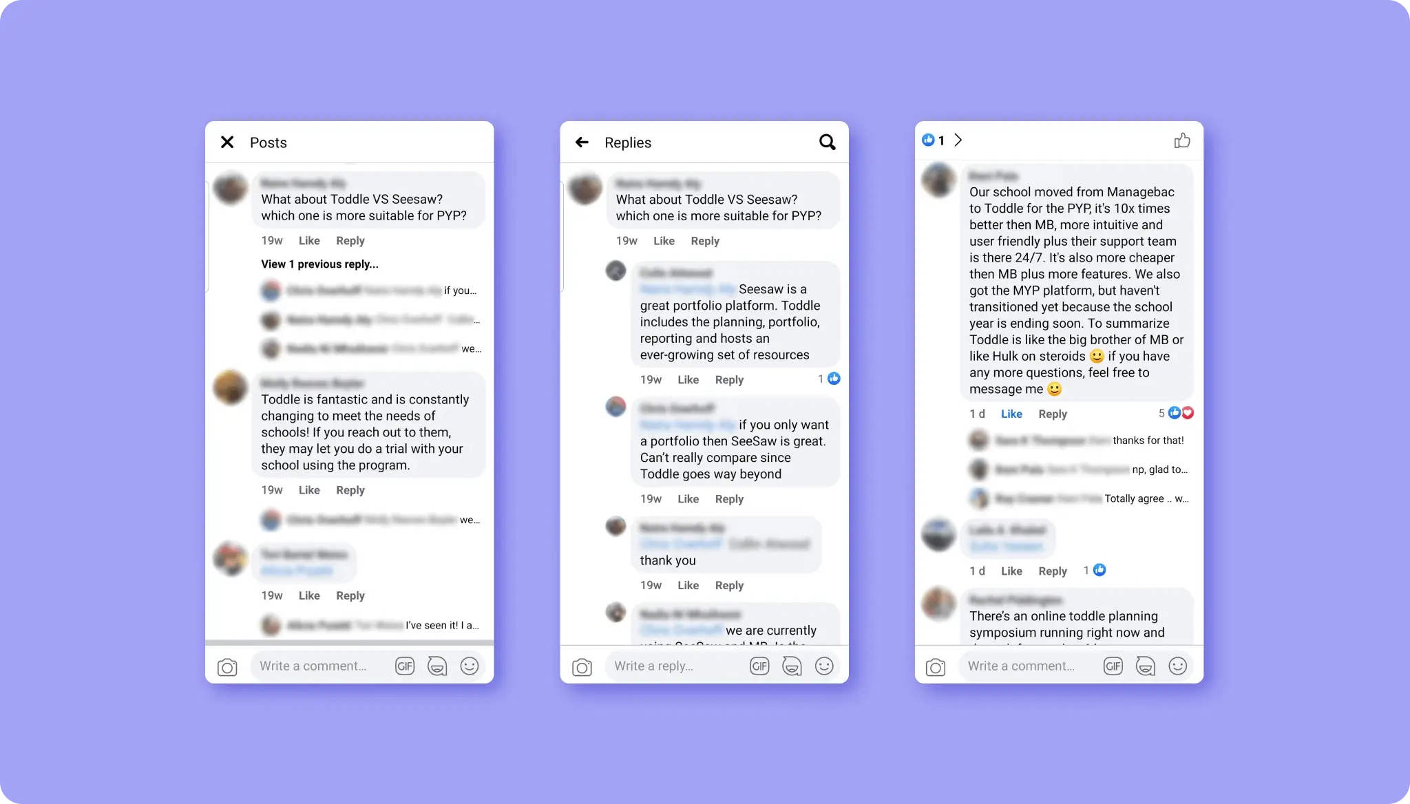 Social media comments and reviews prove Toddle's performance over seesaw and managebac