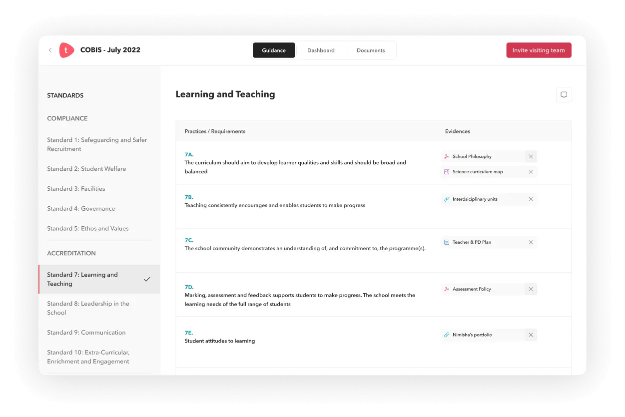 Accreditation dashboard lists the mandate practices or requirements and evidences tied up to it