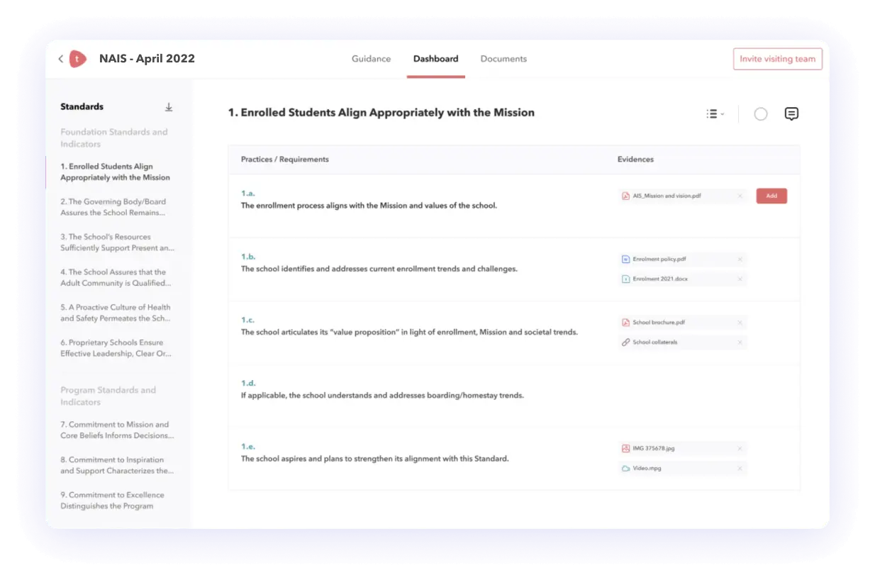 Screenshot of Toddle's accreditation process and evidence tagging feature.