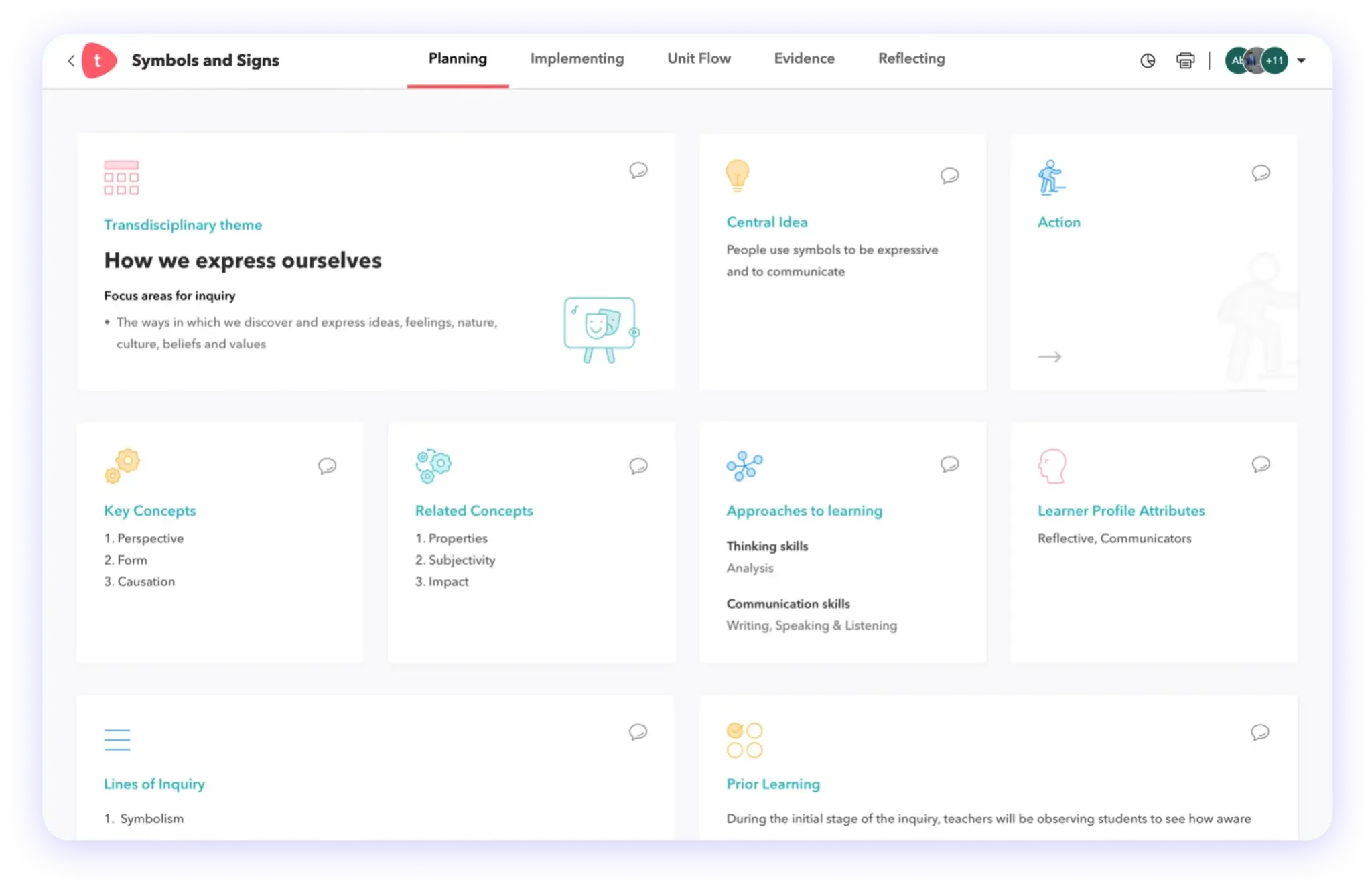 Toddle's Unit Planning interface that maps out with themes, concepts, attributes and approaches to learning for a unit