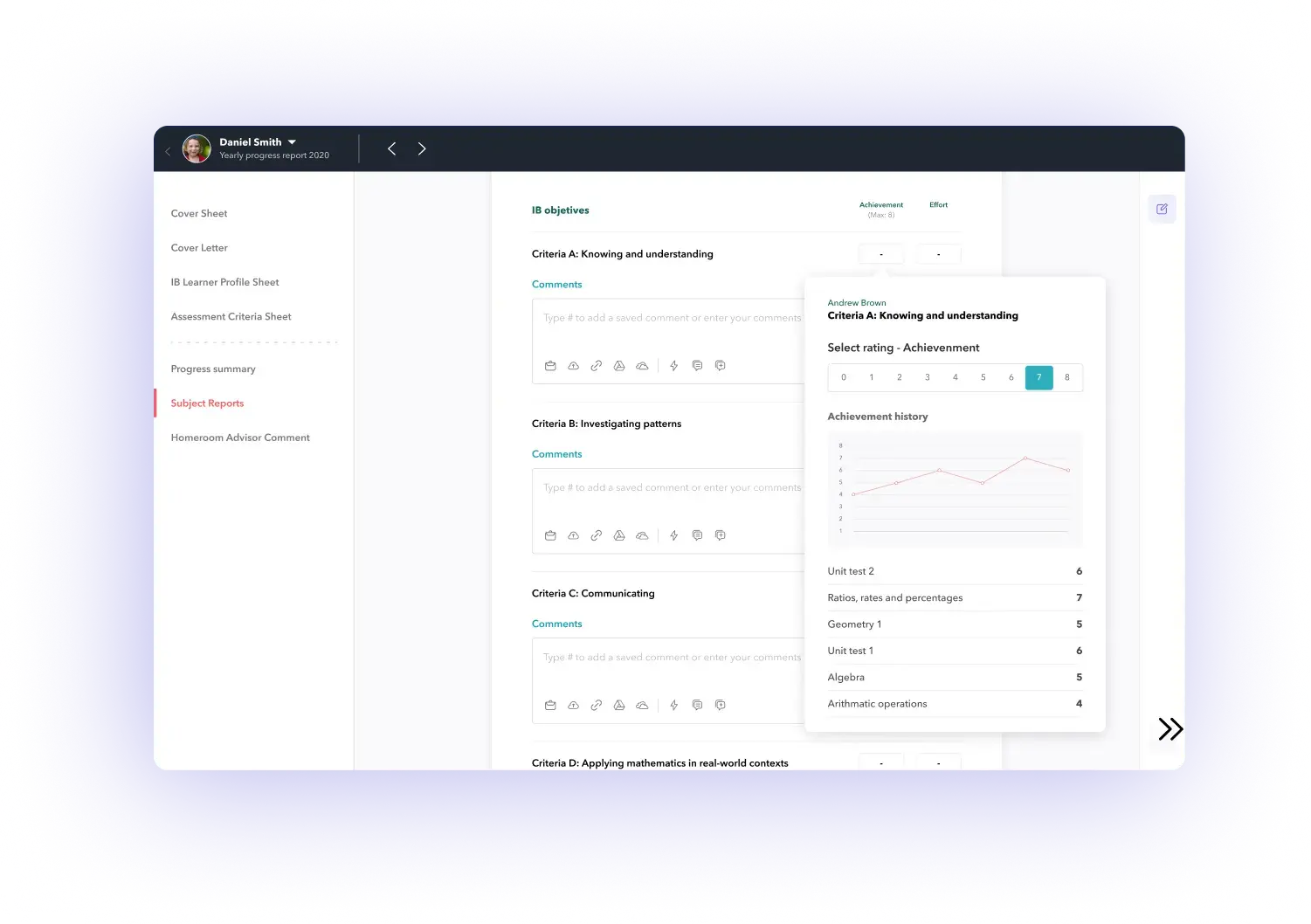 A screenshot of the MYP assessment reporting tool that uses comments, marks and draws insights of the student performance