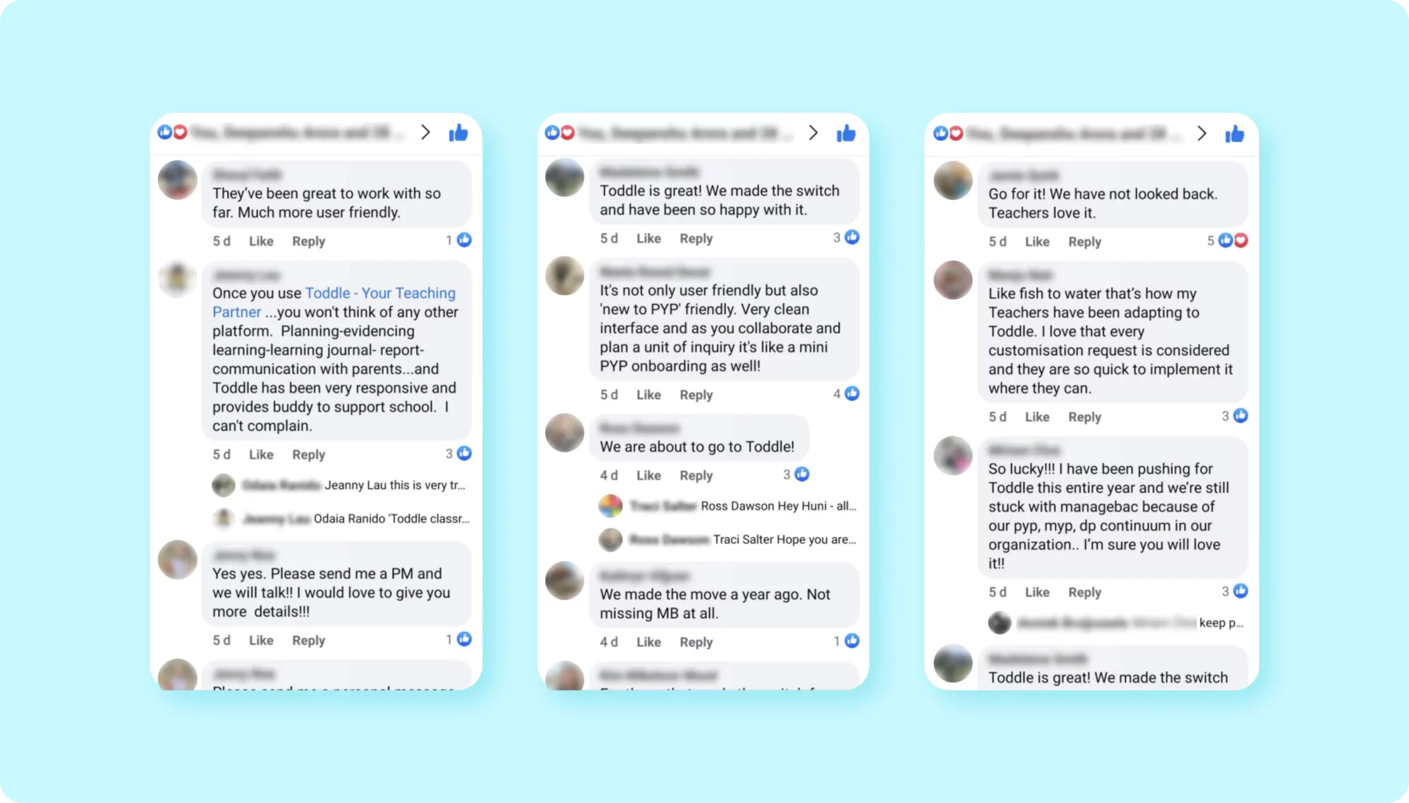 Social media comments appreciating Toddle's highly organised planning and learning'/>
                        </div>
                    </div>
                    
                    <div>
                        <div class=