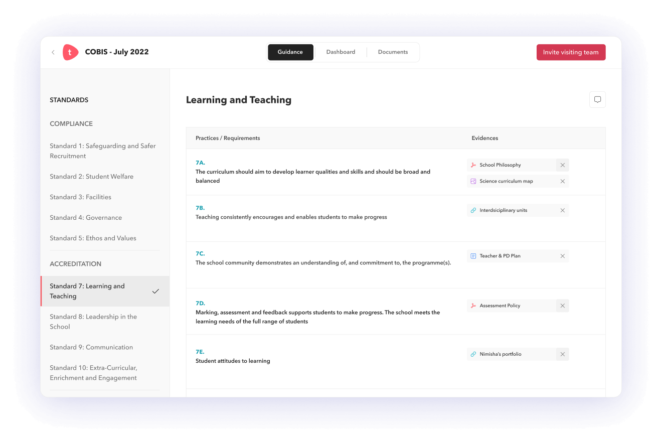 Toddle's user interface showcasing its accreditation process for schools