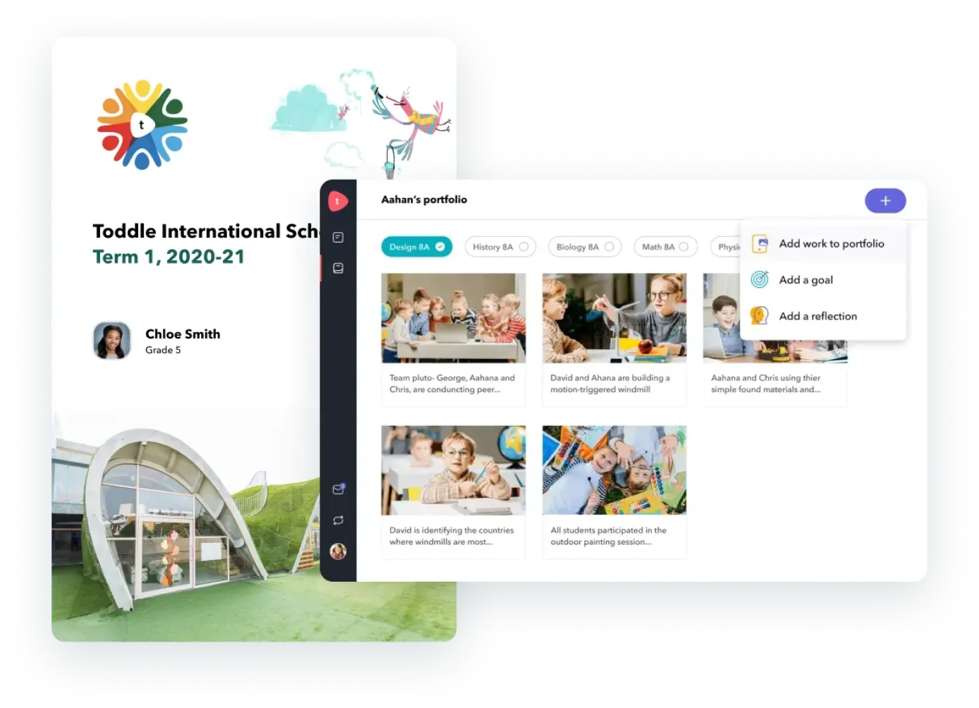 A preview of customisable student portfolios for every subject to keep track of their progress